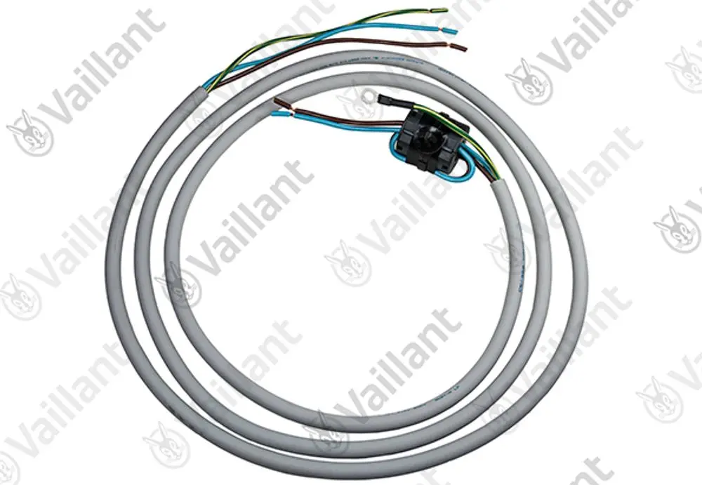 Vaillant Netzanschlusskabel mit mehreren Adern in Grau, verbunden mit einem schwarzen Steckverbinder und farblich kodierten Leitungen für elektrischen Anschluss.